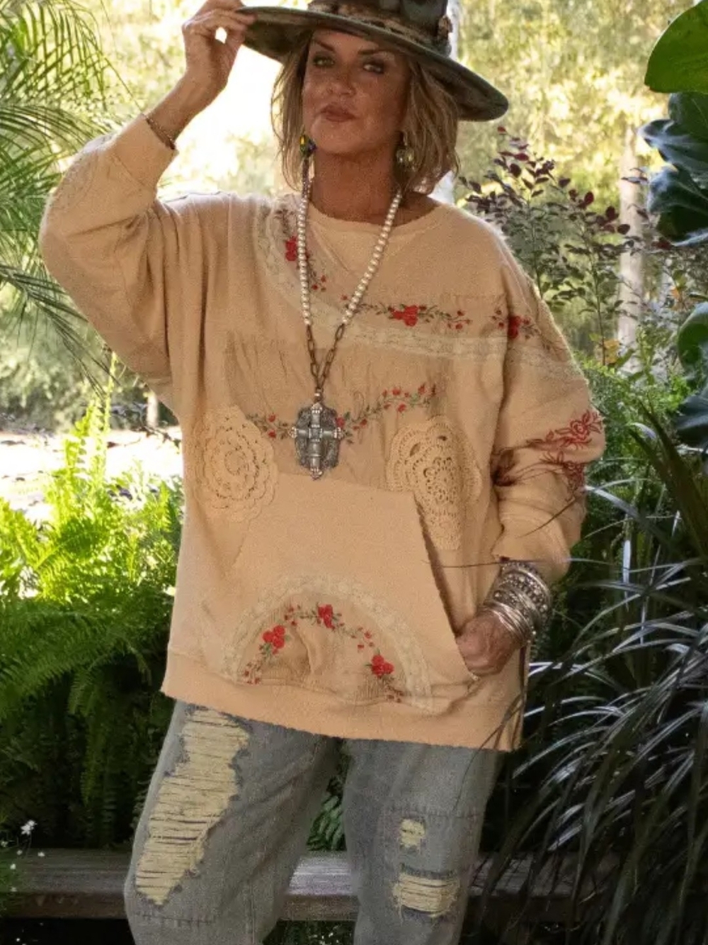 Jaded Gypsy Cloud Dancer  Floral Embroidered Pullover Sweatshirt
